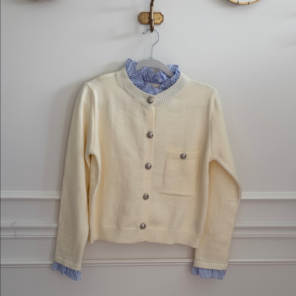 Entro Cream Button-Up Cardigan with Blue & White Stipe Accent